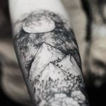 Dotwork mountains and moon tattoo by Dmitriy Zakharov. #DmitriyZakharov #blackwork #dotwork #moon #mountain