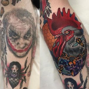 Cover up tattoo by Piotr Gie. #PiotrGie #coverup #rooster #neotraditional