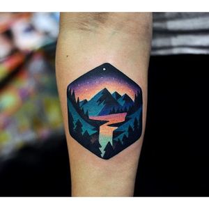 Tattoo by David Cote @thedavidcote #space #color #unique #nature #mountains #water