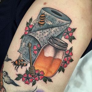 Bees and honey tattoo by Eddy Lou. #bees #insect #honey #neotraditional #EddyLou