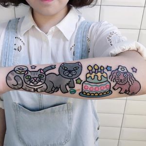 Party time tattoo by Pikkacoolcool #Pikkacoolcool #desserttattoos #color #newtraditional #newschool #cartoon #graphic #popart #cake #cat #kitty #dog #animals #egg #donut #stars #food #foodtattoo #cute