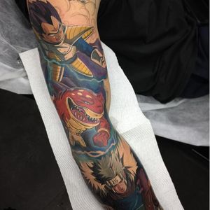 A nerdy as hell sleeve with Big Slammu in it by Ry (IG—tattoos_by_ry). #BigSlammu #DBZ #jawsome #Naruto #StreetSharks