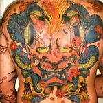 A massive hannya mask with snakes and skulls surrounding it by Mike Bellamy (IG—mikebellamy.tattoo.paint). #hannya #Japanese #MikeBellamy #NYCtattooshops #RedRocketTattoo #snake