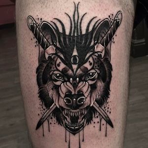 Daggered wolf head Tattoo by @Neil_Dransfield_Tattoo #NeilDransfieldTattoo #Black #Blackwork #Blackworkers #DarkTattoos #DarkArtists #Dagger #wolf #NeilDransfield