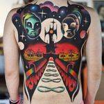 A trippy landscape by David Peyote #thedavidcote #DavidPeyote #landscape #surreal #newtraditional #masks #castle #infinity #stars #galaxy #planet #alien #psychedelic #color #tattoooftheday