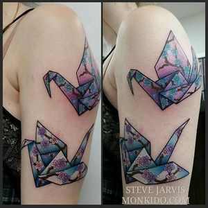 Cherry blossom patterned paper crane tattoo by Steve Jarvis. #origami #crane #papercrane #cherryblossom #SteveJarvis
