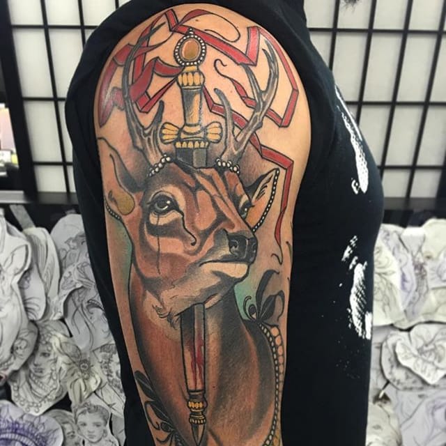 Tattoo uploaded by Stacie Mayer • Deer impaled on a sword by Tim Tavaria. #neotraditional #TimTavaria #deer #sword #knife • Tattoodo Tattoo uploaded by Stacie Mayer • Deer impaled on a sword by Tim Tavaria. #neotraditional #TimTavaria #deer #sword #knife • Tattoodo