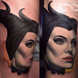 Angelina Jolie tattoo by Zoran Tattoo. #maleficent #colorrealism #actress #AngelinaJolie #portrait #celebrity