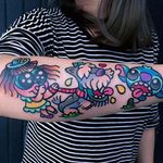 Baby, Dog and Stitch tattoo by @pikkapimingchen #cartoonstyle #cartoon #neotraditional #bright_and_bold #baby #dog #liloandstitch #LiloandStitch