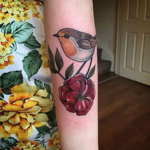Neo trad robin and camellia tattoo by Lydia Hazelton. #bird #robin #flower #camellia #neotraditional #LydiaHazelton
