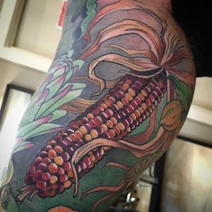 Ear of corn as part of a vegetable sleeve by D'Lacie-Jeanne. #neotraditional #styledrealism #corn #grain #vegetable #D'LacieJeanne