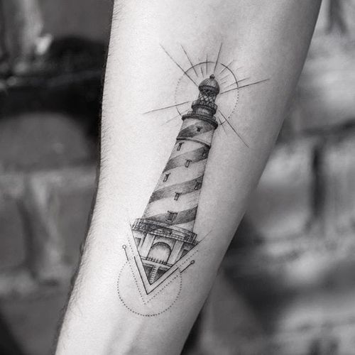 Fine line tattoo by Sanghyuk Ko. #SanghyukKo #bangbangnyc #newyork #fineline #singleneedle #lighthouse #geometric
