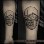 Faceless tattoo by Nazar Butkovski #NazarButkovski #engraving #blackwork #science #landscape #faceless