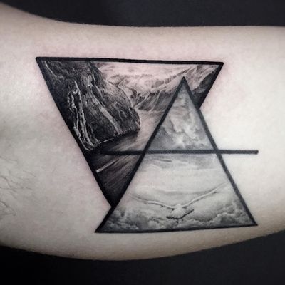 Landscape white ink tattoo by Shu #YFShu #Shu #whiteinktattoo #realism #realistic #hyperrealism #small #details #landscape #mountains #river #water #waterfall #sky #nature #clouds #bird #seagull #triangle #line #healed #tattoooftheday