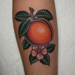 Peach tattoo by Tony Talbert #TonyTalbert #tonytrustworthy #peachtattoos #color #traditional #peach #food #fruit #flower #blossom #floral #nature #leaves