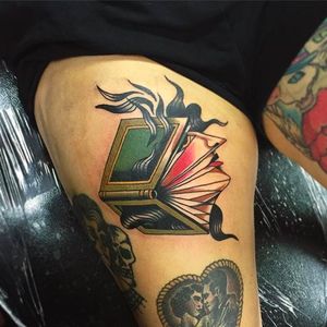 Book and Girl Tattoo by James McKenna via Instagram @J__Mckenna #JamesMcKenna #Traditional #Neotraditional #Opticalillusion #Fremantle #WesternAustralia #Book #Girl #Lady
