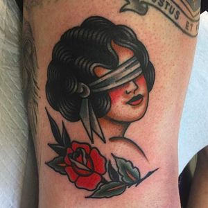 Rad blind-folded girl with classic rose. Tattoo by Jaclyn Rehe. #JaclynRehe #ChapelTattoo #traditional #girl #girlhead #girlsgirlsgirls #blindfoldedlady #rose