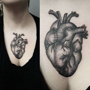 Anatomical heart tattoo by Billy Raike. #blackandgrey #realism #BillyRaike #heart #anatomy #anatomicalheart