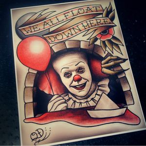 IT by Quyen Dinh (via IG-parlor_tattoo_prints) #flashart #artshare #fineart #colorful #traditional #ParlorTattooPrints #quyendinh #It #clowns #Pennywise #Halloween