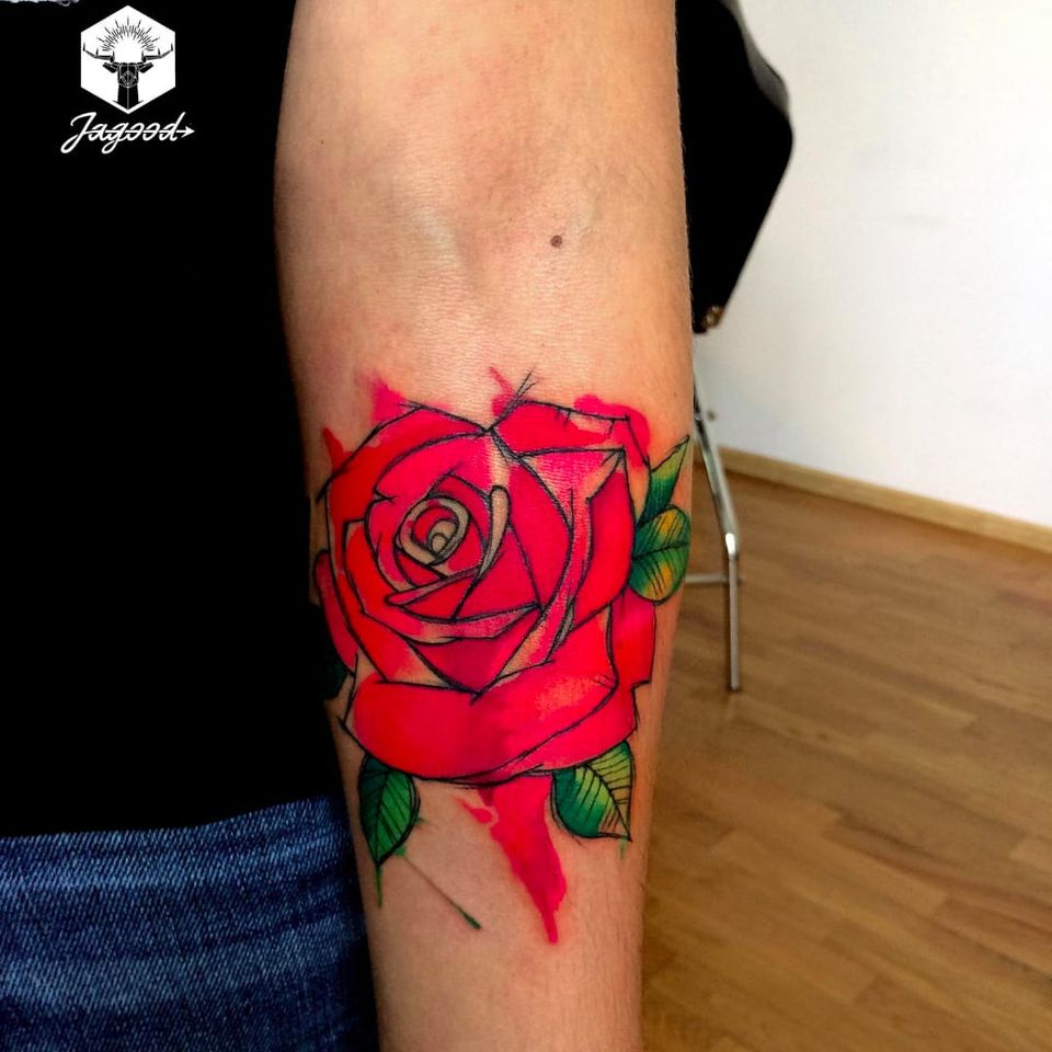 Tatuaje de rosa de Jagood #Jagood #JagoodTattoo #watercolor #warszawa #polishartist #watercolorrose #tattooflash #rose #flower #plant