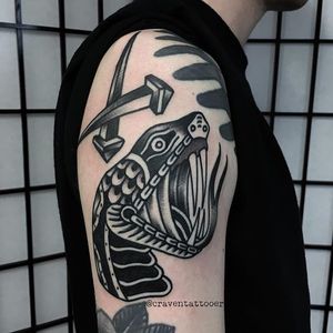 Snake Head Tattoo by Matt Craven Evans #snake #snakehead #blackwork #blackworkart #darkart #blackworkartist #traditionalblackwork #MattCravenEvans