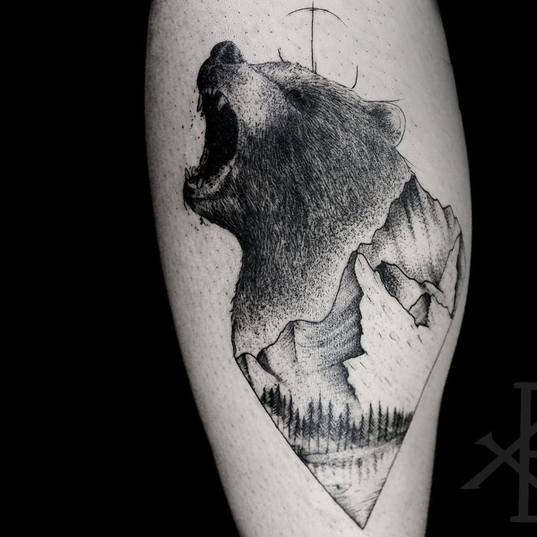 Traditional color bear with mountains tattoo Gary Dunn Art Junkies Tattoo  by Gary Dunn  Tattoos