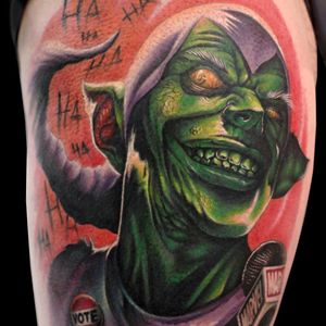 Green Goblin Tattoo, artist unkown #greengoblin #greengoblintattoo #greengoblintattoos #spiderman #spidermantattoo #comic #comicbook #marvel #marveltattoos