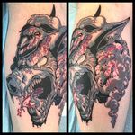Scary Wolf and Sheep Cowl Tattoo by Michah Harold #wolfinsheepsclothing #wolf #sheep #traditional #MichahHarold