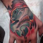 A badass hammerhead shark hand tattoo by Sean Marsh. #shark #hammerheadshark #hand #neotraditional #SeanMarsh