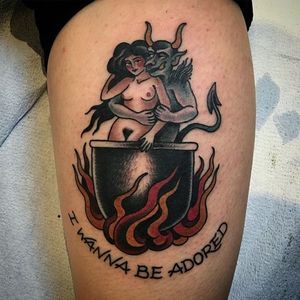 "I wanna be adored" — by the devil...!!!! By Heather Bailey (via IG—cathedraloftears) #HeatherBailey #TattooArtist #cathedraloftears #traditional #halloween #spooky #goth