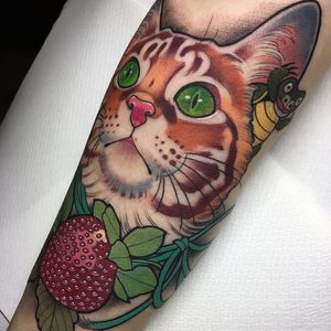 Cat and strawberry tattoo by Aniela Dahlgren #AnielaDahlgren #petportraittattoo #color #newtraditional #realism #realistic #mashup #cat #kitty #strawberry #fruit #turtle #pet #animal #nature #tattoooftheday