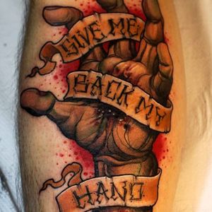 The severed hand is also a key character in the series tattoo by Chris Lennox #ashwilliams #evildead #demons #gore #horrortattoo