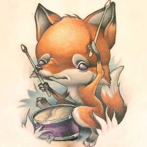A drummer fox by Kelly Doty for Ink Master's "Coverup" challenge (IG—kellydotylovessoup). #fox #InkMaster #KellyDoty #NewSchool