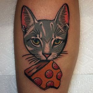 A cute cat nibbles pizza, by Alex Zampirri. (via IG—azamp_) #AlexZampirri #Animals #traditional