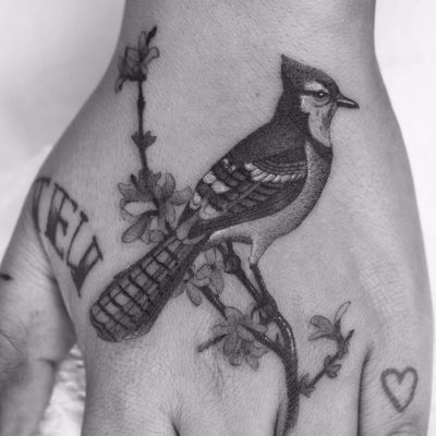 Baby Blue Jay Flyin South by Fillipe Pacheco #Fillipepacheco #blackwork #blackandgrey #illustrative #realism #realistic #bird #flowers #bluejay #nature #tattoooftheday