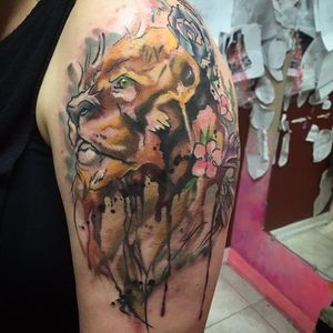 Watercolor lion and cherry blossom tattoo by Samantha Vail. #lion #bigcat #cherryblossom #flower #watercolor #SamanthaVail