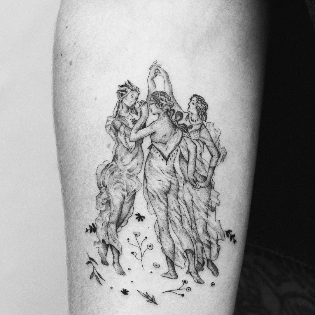 Hi Im Bella  on Instagram The Three Graces of Botticellis Primavera  for Lindsay Thank you so muc  Moonlight tattoo Grace tattoos Black and  grey tattoos