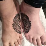 Matching foot mandala tattoos by Ian Atkinson #ianatkinson #mandala #dotwork #patternwork #intricate #matching