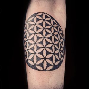 A heavily stippled Flower of Life by Guy Waisman (IG—guywaisman). #blackwork #FlowerofLife #GuyWaisman #ornamental