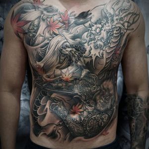 One of Quang Sta's epic piece featuring waring Japanese icons (IG—quan9sta). #dragon #hannya #Irezumiinspired #largescale #MonkeyKing #neoJapanese #QuangSta