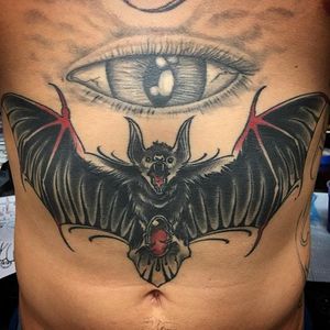 Bat Tattoo by Alain Lacoste #Bat #BatTattoo #StomachTattoo #StomachTattoos #SternumTattoo #AlainLacoste
