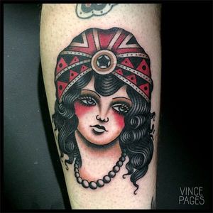 Beautiful Gypsy Girl Traditional Tattoo by Vince Pages @Vince_Pages #Vincepages #Traditional #Traditionaltattoo #Nuitnoiretattoo #Geneva #Switzerland #Gypsy #Girl