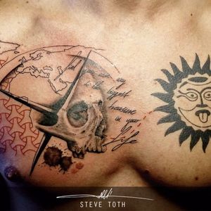 Cool skull. Tattoo by Steve Toth. #SteveToth #BritishTattooer #blackandgrey #realism #hyperrealism #MonumentalInk #skull #compass