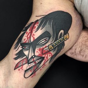 Namakubi tattoo by Leonardo Borri #LeonardoBorri #namakubitattoo #color #blackandgrey #redink #sword #samuraisword #newtraditional #abstract #severedhead #death #portrait #man #blood #bloodsplatter #tattoooftheday