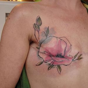 Delicate watercolor poppy tattoo covering mastectomy scars. #penandink #abstract #watercolor #flower #poppy #mastectomy #MaraKoekoek