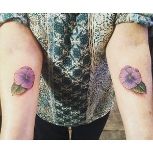Twin violet forearm tattoos by Tina Marie.  #violet #flower #purple #neotraditional #TinaMarie