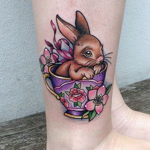 Floppy bunny in a teacup by Carly Kroll (via IG- @carlykroll) #carlykroll #neotraditional #cute #animal #teacup