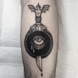Dagger and Eye by Rebecca DeWinter (via IG-rebeccadewinterttt) #eye #ouroboros #dagger #occult #illustrative #black #rebeccadewinter