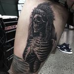 Native American Skeleton Tattoo by Ben Kaye #nativeamerican #skeleton #realism #blackandgrey #blackandgreyrealism #portrait #BenKaye