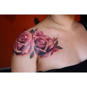 Shoulder capped rose tattoos by Charlotte Ross. #realism #colorrealism #painterly #CharlotteRoss #flower #rose